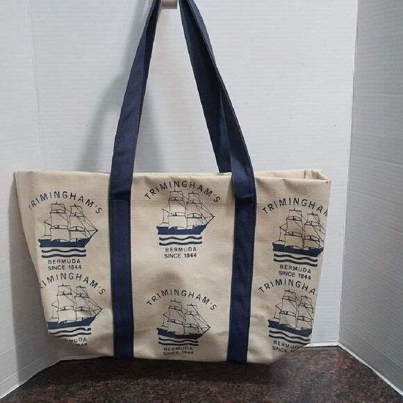 Vintage TRIMINGHAM Cream and Blue Nautical Canvas Tote...EUC - Picture 1 of 3